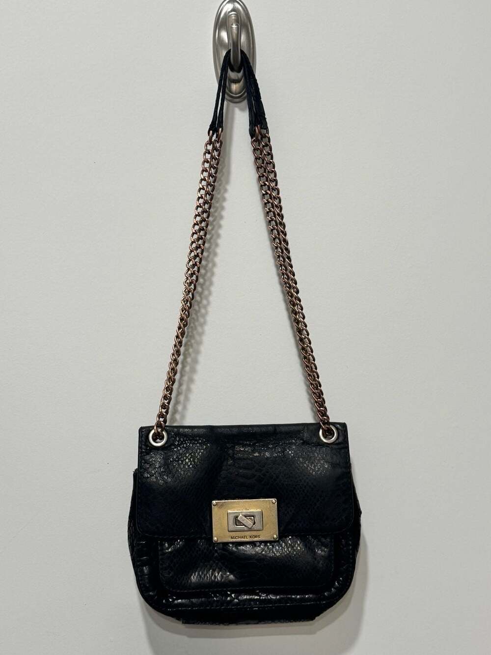 Michael Kors Sloan Black Snakeskin Embossed Leather Chain Crossbody Shoulder Bag